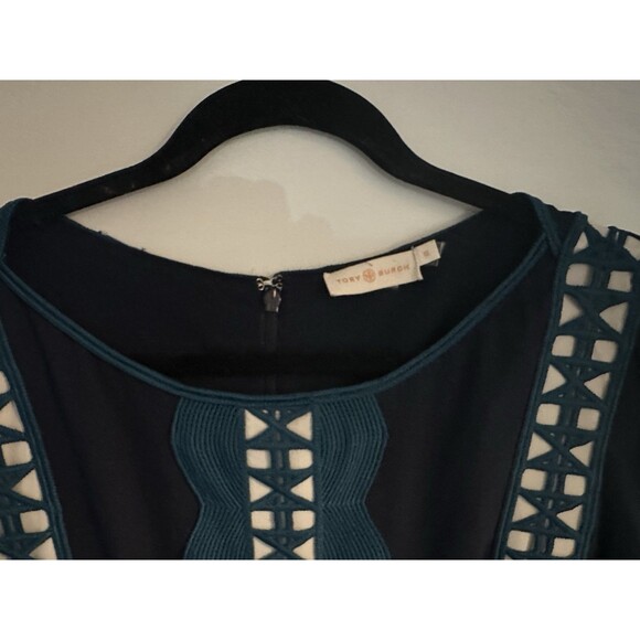 TORY BURCH Germaine Navy Teal Geometric Lace Trim Silk Blouse Top Size 12 - Picture 4 of 7